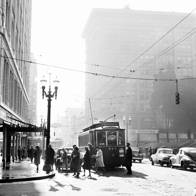 Old Photo of Portland with trolly car.